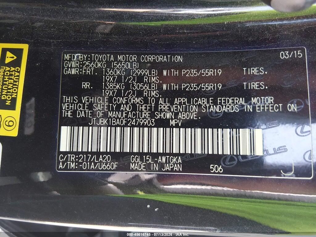 JTJBK1BA0F2479903 2015 LEXUS RX 350 photo no. 9