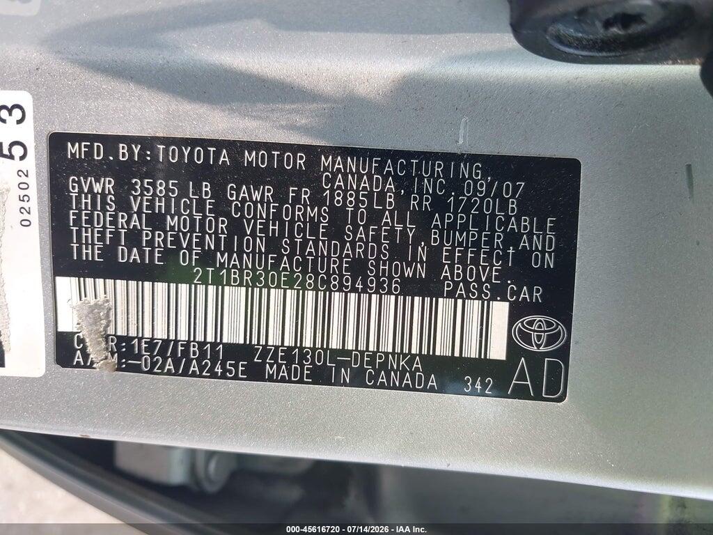 2T1BR30E28C894936 2008 TOYOTA COROLLA photo no. 9