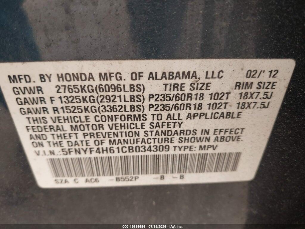 5FNYF4H61CB034309 2012 HONDA PILOT photo no. 9