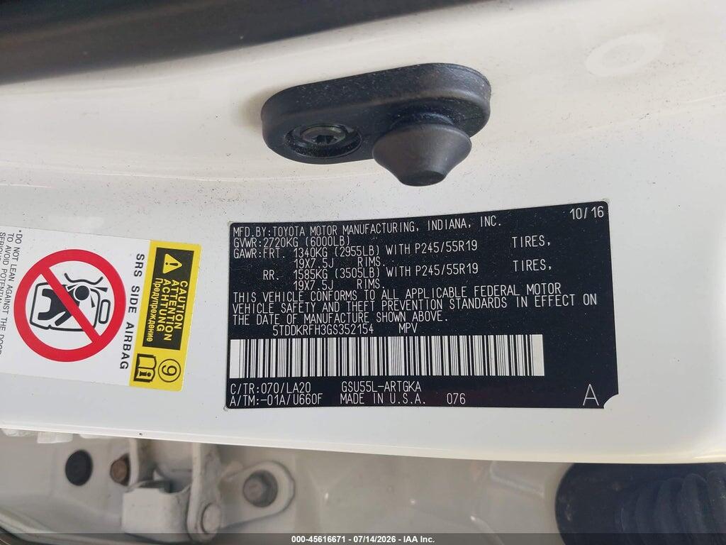 5TDDKRFH3GS352154 2016 TOYOTA HIGHLANDER photo no. 9