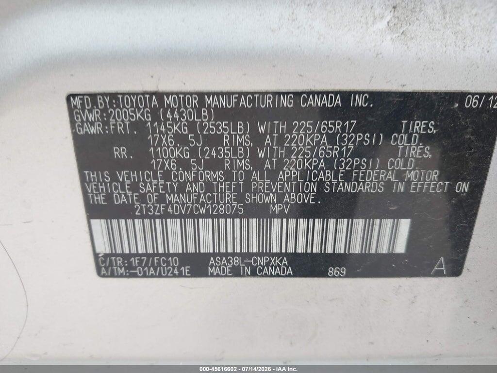 2T3ZF4DV7CW128075 2012 TOYOTA RAV4 photo no. 9