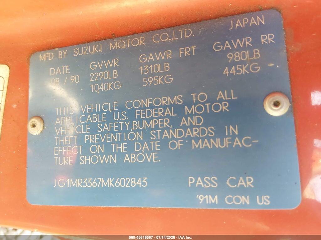 JG1MR3367MK602843 1991 GEO METRO photo no. 9