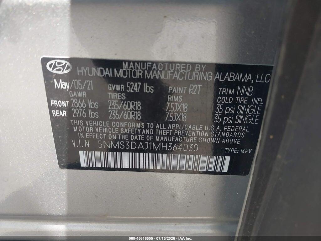 5NMS3DAJ1MH364030 2021 HYUNDAI SANTA FE photo no. 9