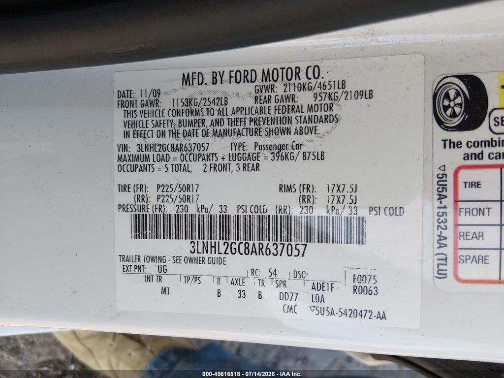 3LNHL2GC8AR637057 2010 LINCOLN MKZ photo no. 9