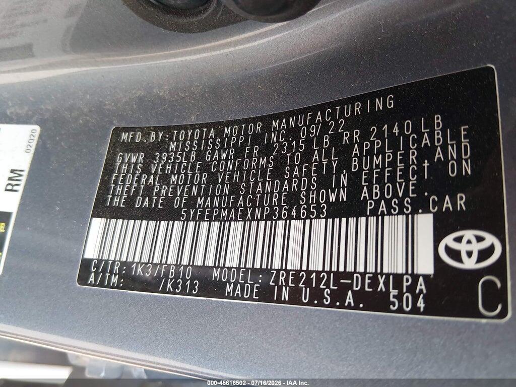 5YFEPMAEXNP364653 2022 TOYOTA COROLLA photo no. 9