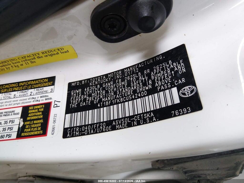 4T1BF1FK8CU542400 2012 TOYOTA CAMRY photo no. 9