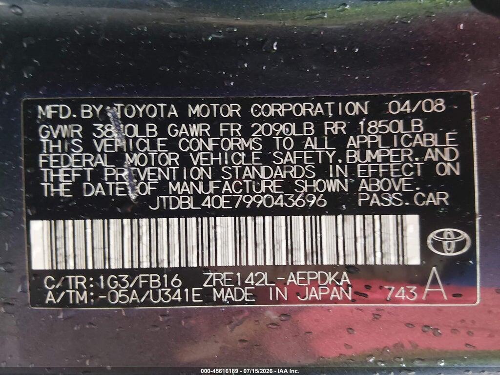 JTDBL40E799043696 2009 TOYOTA COROLLA photo no. 9
