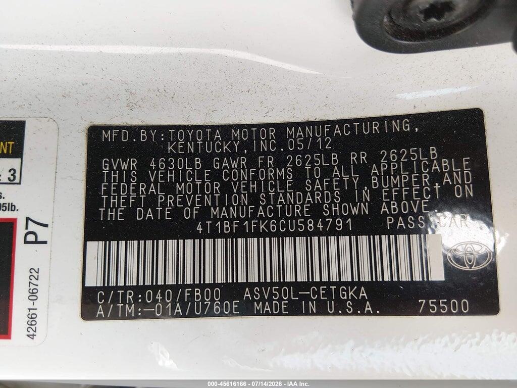 4T1BF1FK6CU584791 2012 TOYOTA CAMRY photo no. 9