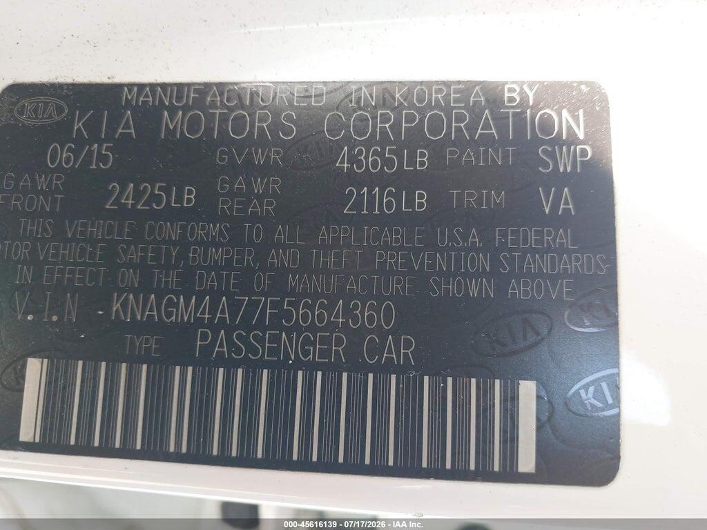 KNAGM4A77F5664360 2015 KIA OPTIMA photo no. 9