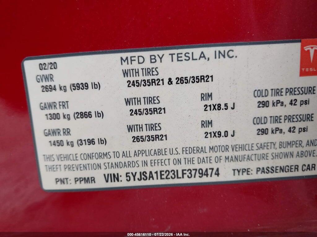5YJSA1E23LF379474 2020 TESLA MODEL S photo no. 8