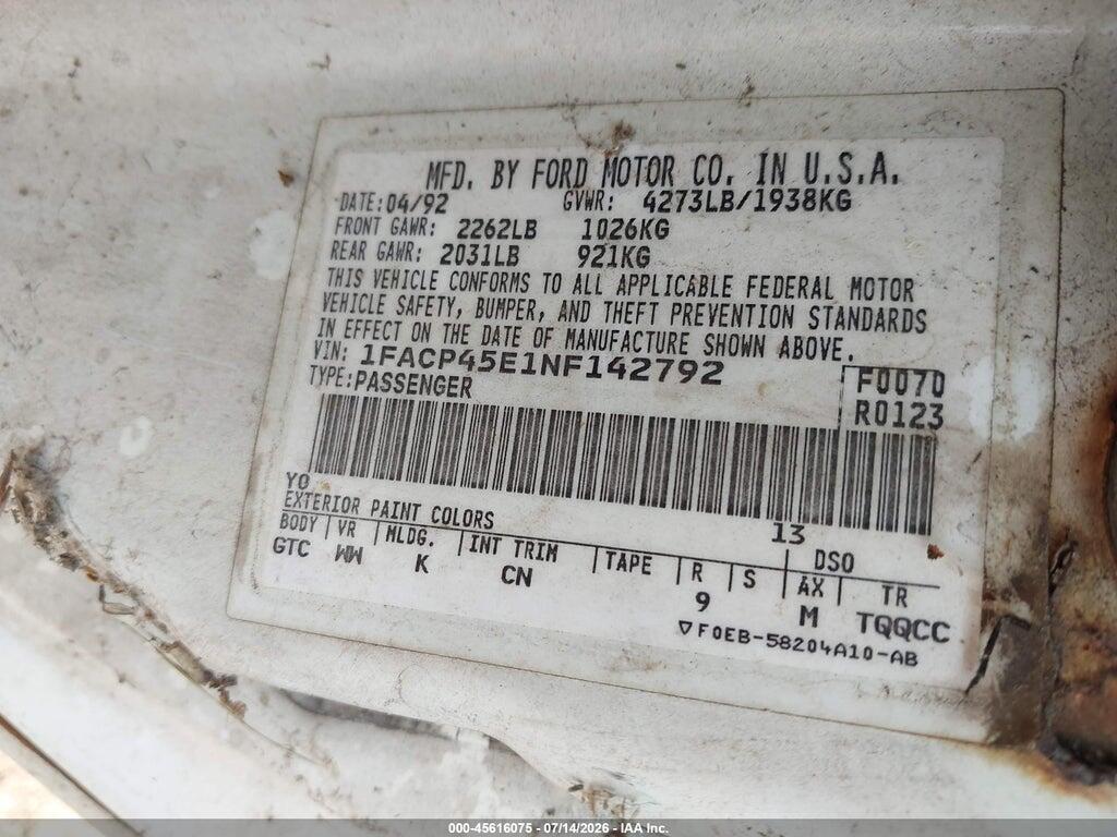 1FACP45E1NF142792 1992 FORD MUSTANG photo no. 9