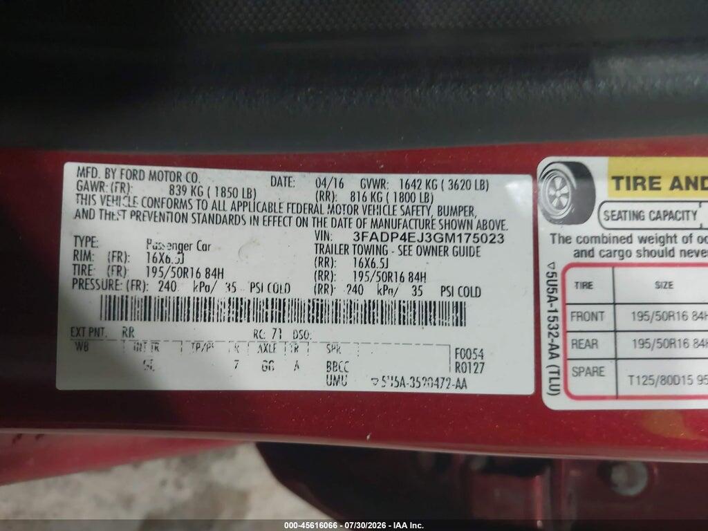 3FADP4EJ3GM175023 2016 FORD FIESTA photo no. 9