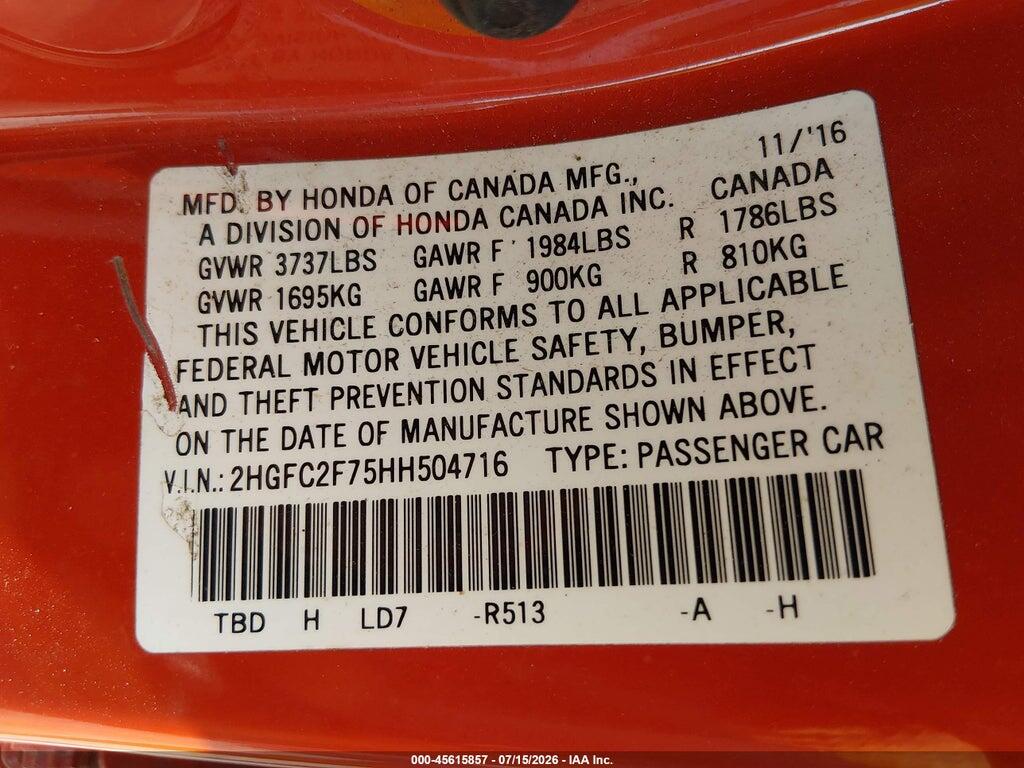 2HGFC2F75HH504716 2017 HONDA CIVIC photo no. 9