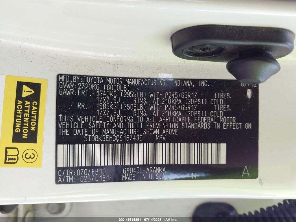 5TDBK3EH3CS167439 2012 TOYOTA HIGHLANDER photo no. 9