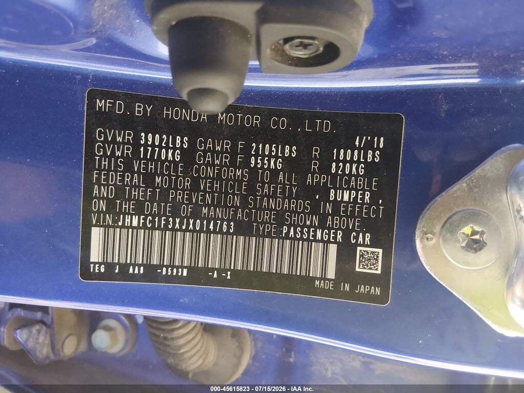 JHMFC1F3XJX014763 2018 HONDA CIVIC photo no. 9