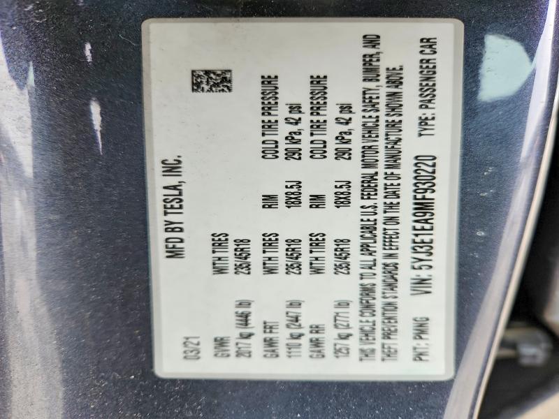 5YJ3E1EA9MF930220 2021 TESLA MODEL 3 photo no. 12