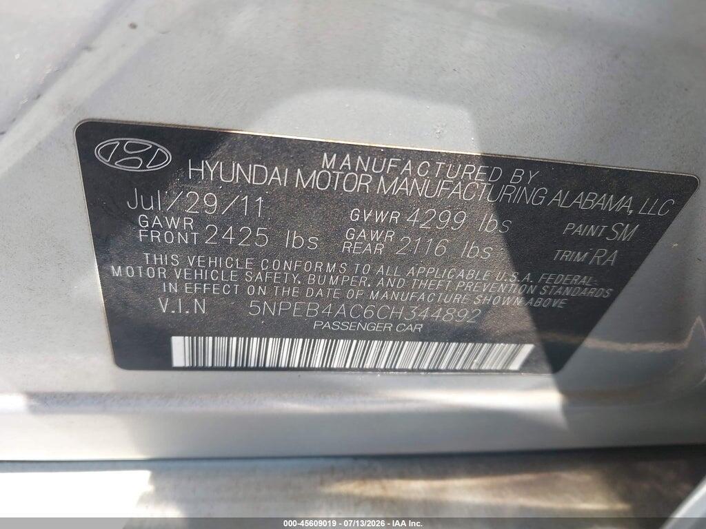 5NPEB4AC6CH344892 2012 HYUNDAI SONATA photo no. 9