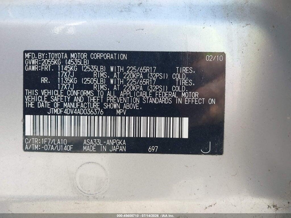 JTMDF4DV4AD036376 2010 TOYOTA RAV4 photo no. 9