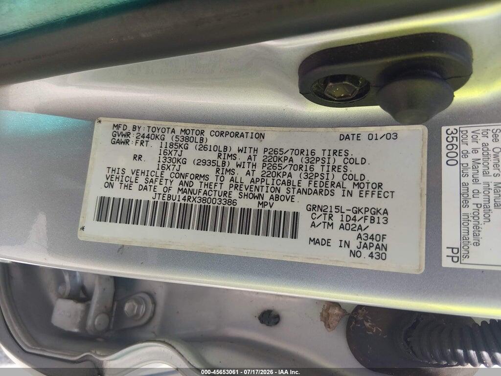 JTEBU14RX38003386 2003 TOYOTA 4RUNNER photo no. 9