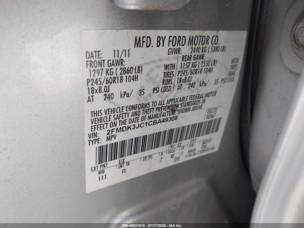 2FMDK3JC1CBA49308 2012 FORD EDGE photo no. 9