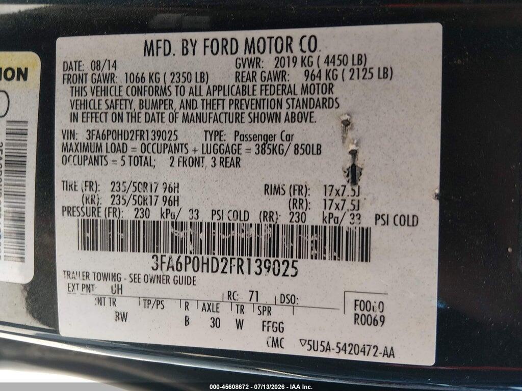 3FA6P0HD2FR139025 2015 FORD FUSION photo no. 9