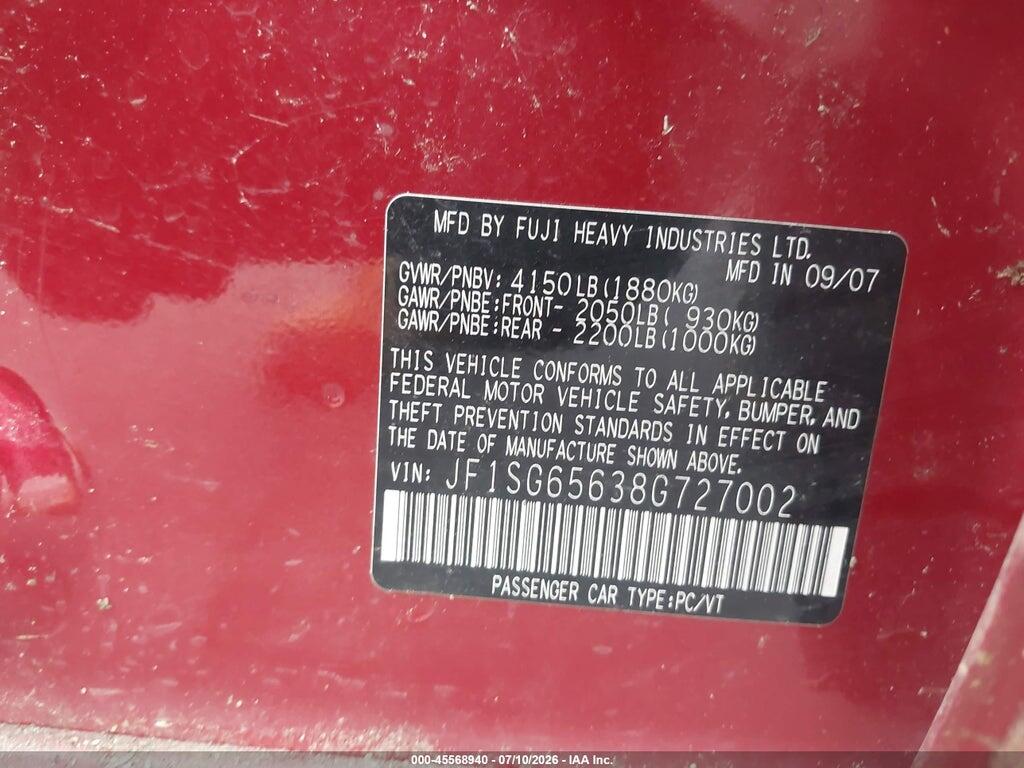 JF1SG65638G727002 2008 SUBARU FORESTER photo no. 9