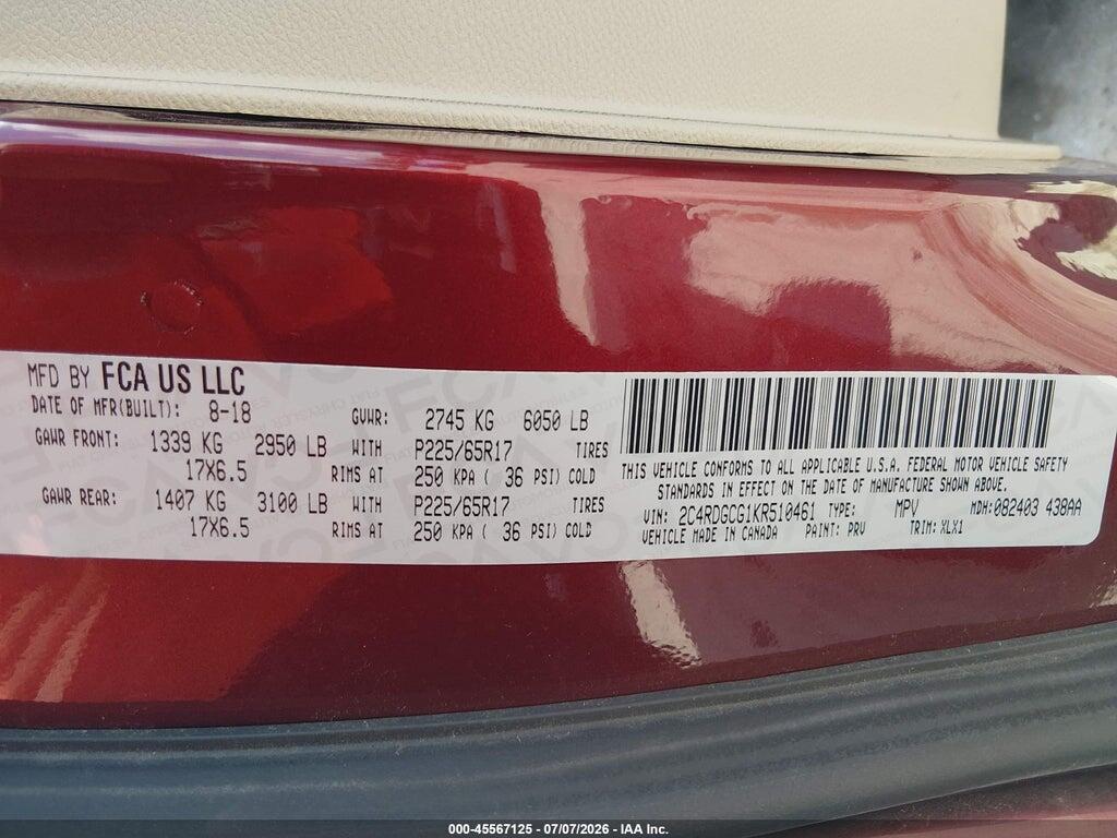 2C4RDGCG1KR510461 2019 DODGE GRAND CARAVAN photo no. 9