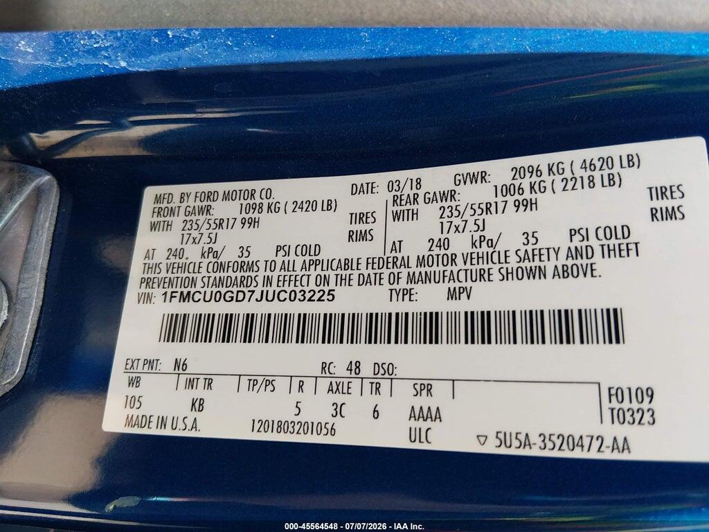 1FMCU0GD7JUC03225 2018 FORD ESCAPE photo no. 9