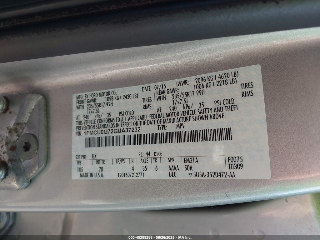 1FMCU0G72GUA37232 2016 FORD ESCAPE photo no. 9