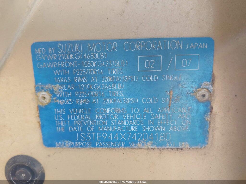 JS3TE944X74204180 2007 SUZUKI GRAND VITARA photo no. 9