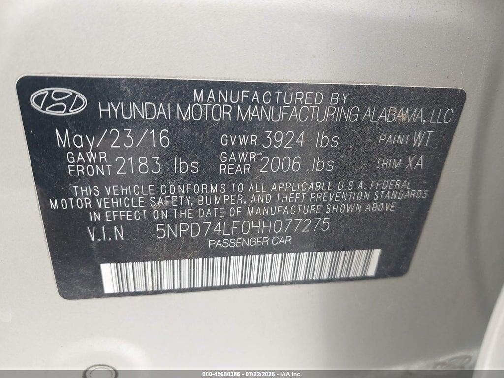 5NPD74LF0HH077275 2017 HYUNDAI ELANTRA photo no. 9