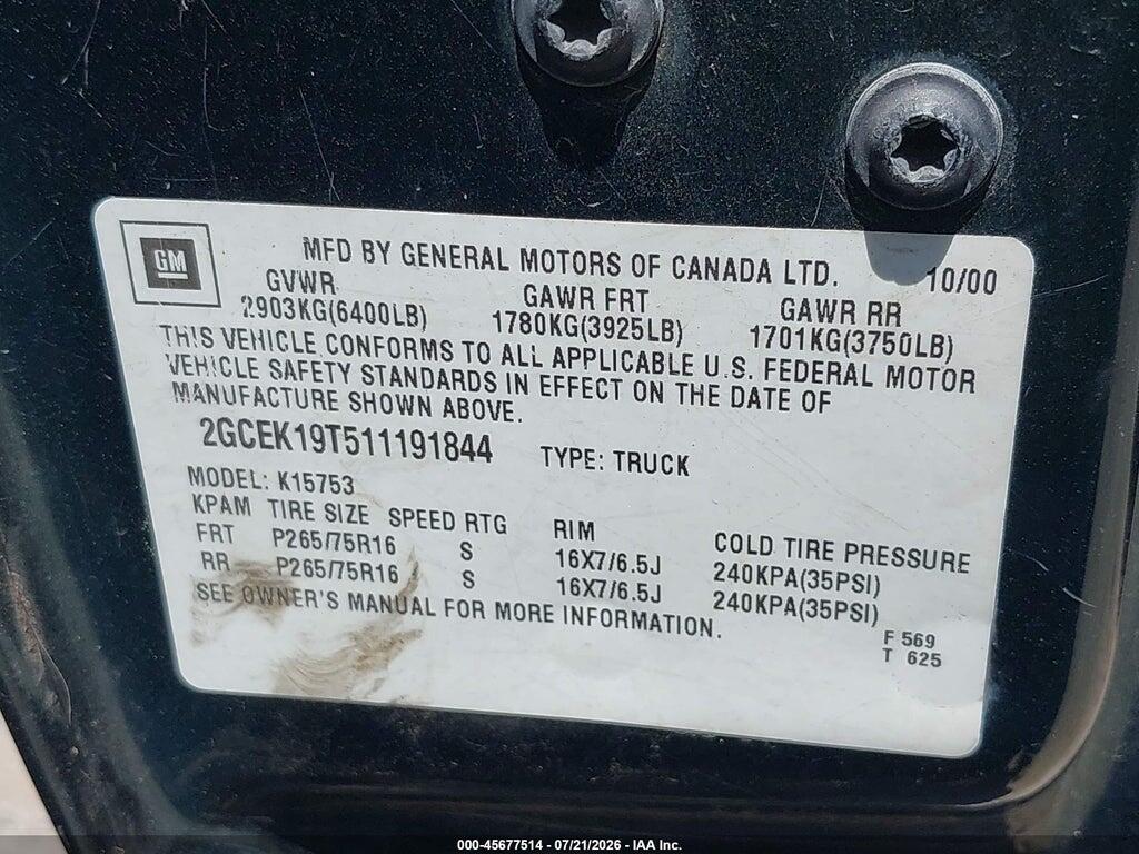 2GCEK19T511191844 2001 CHEVROLET SILVERADO 1500 photo no. 9