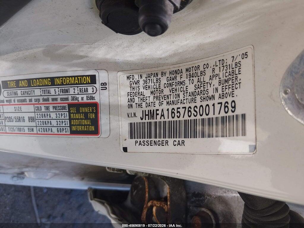 JHMFA16576S001769 2006 HONDA CIVIC photo no. 9