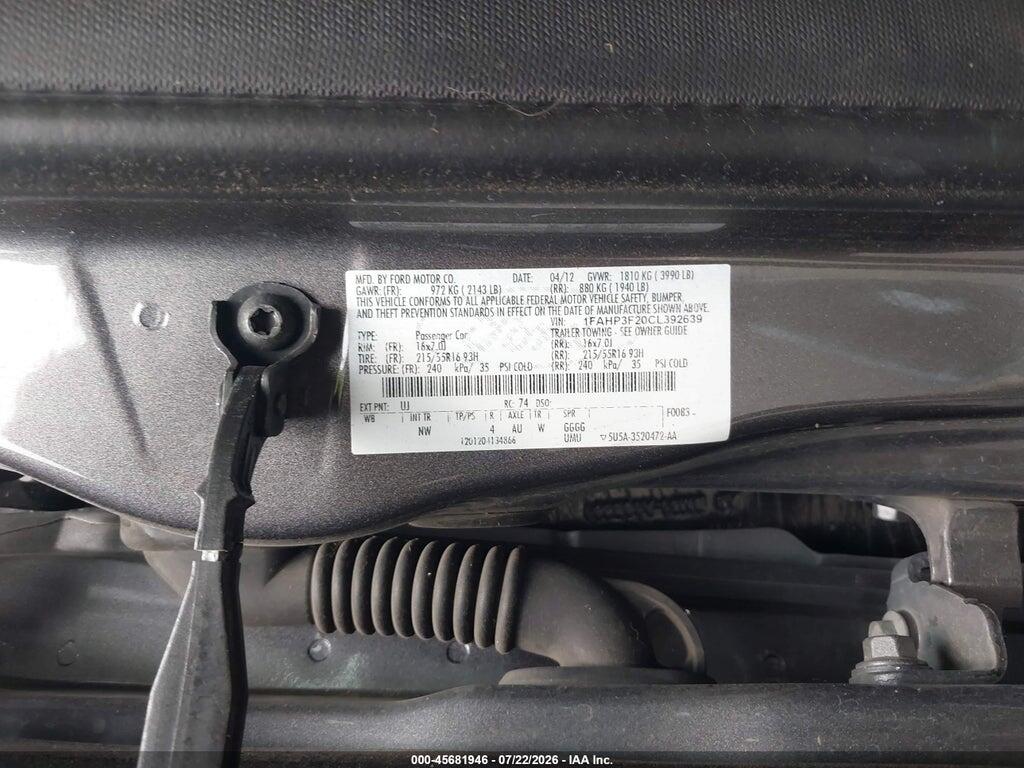 1FAHP3F20CL392639 2012 FORD FOCUS photo no. 9