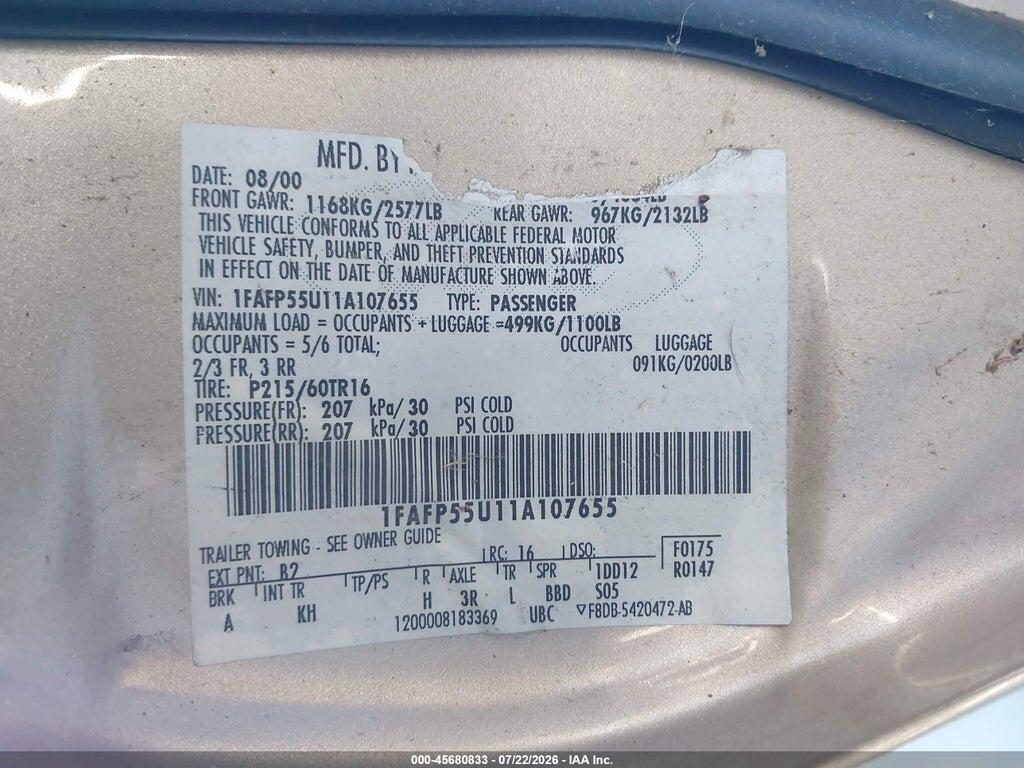 1FAFP55U11A107655 2001 FORD TAURUS photo no. 9
