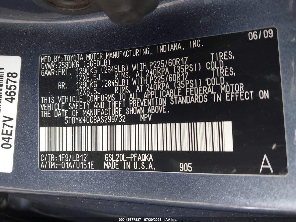 5TDYK4CC8AS299732 2010 TOYOTA SIENNA photo no. 9
