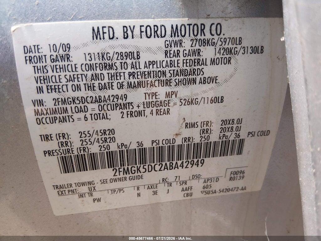 2FMGK5DC2ABA42949 2010 FORD FLEX photo no. 9