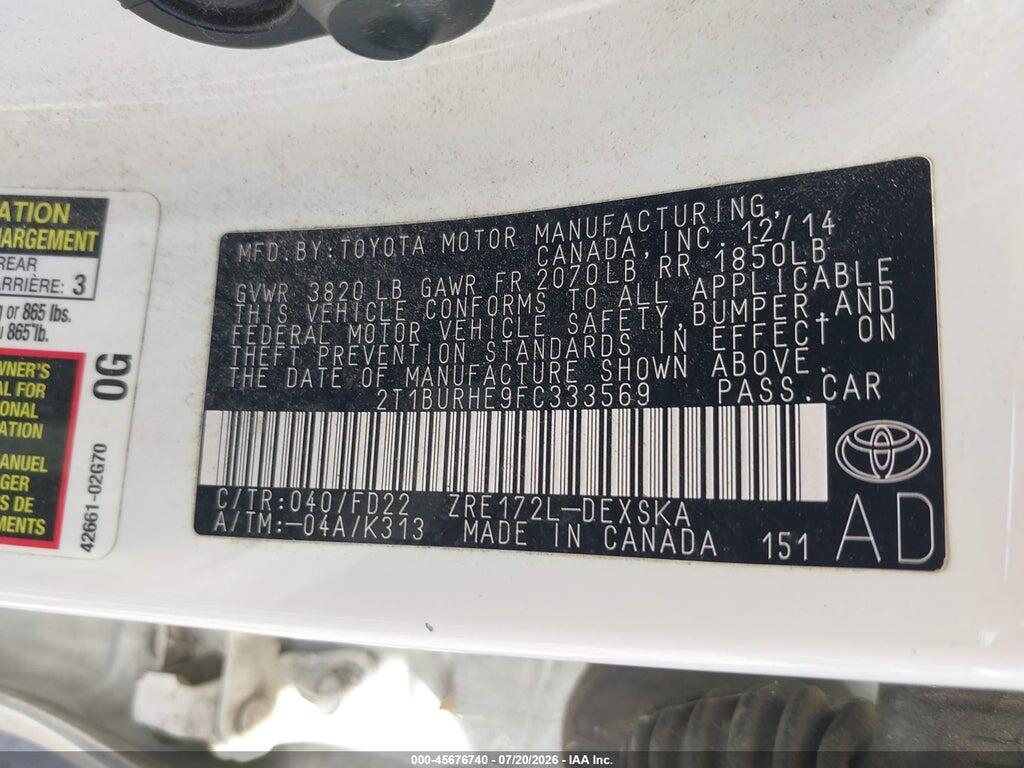 2T1BURHE9FC333569 2015 TOYOTA COROLLA photo no. 9