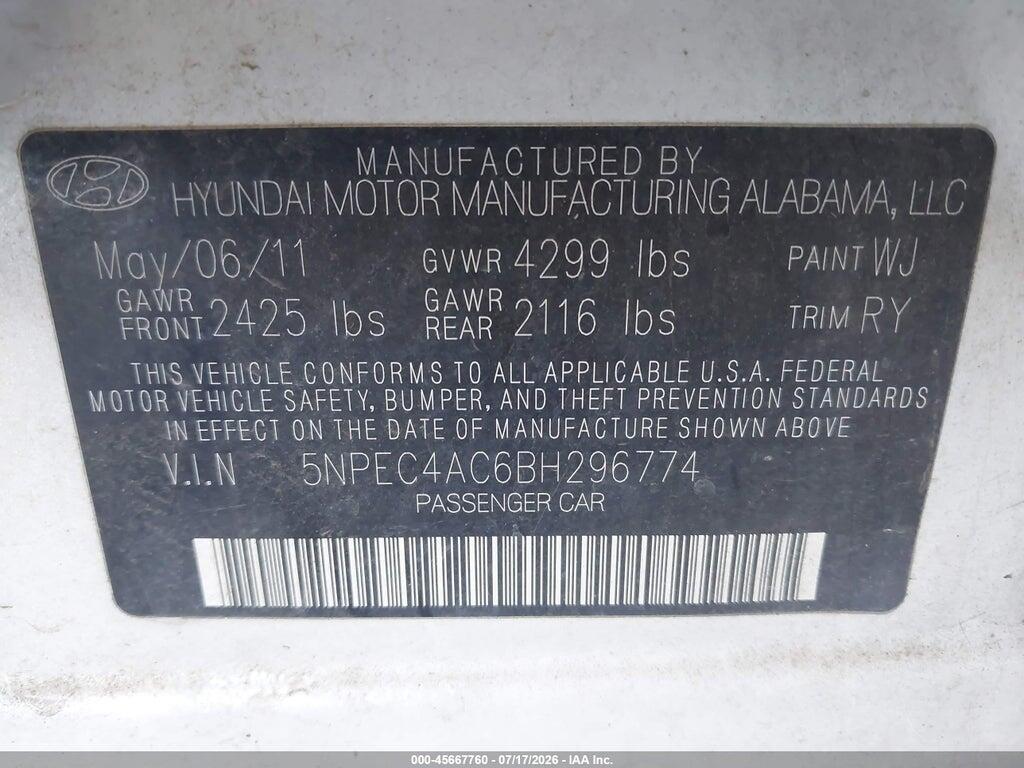 5NPEC4AC6BH296774 2011 HYUNDAI SONATA photo no. 9
