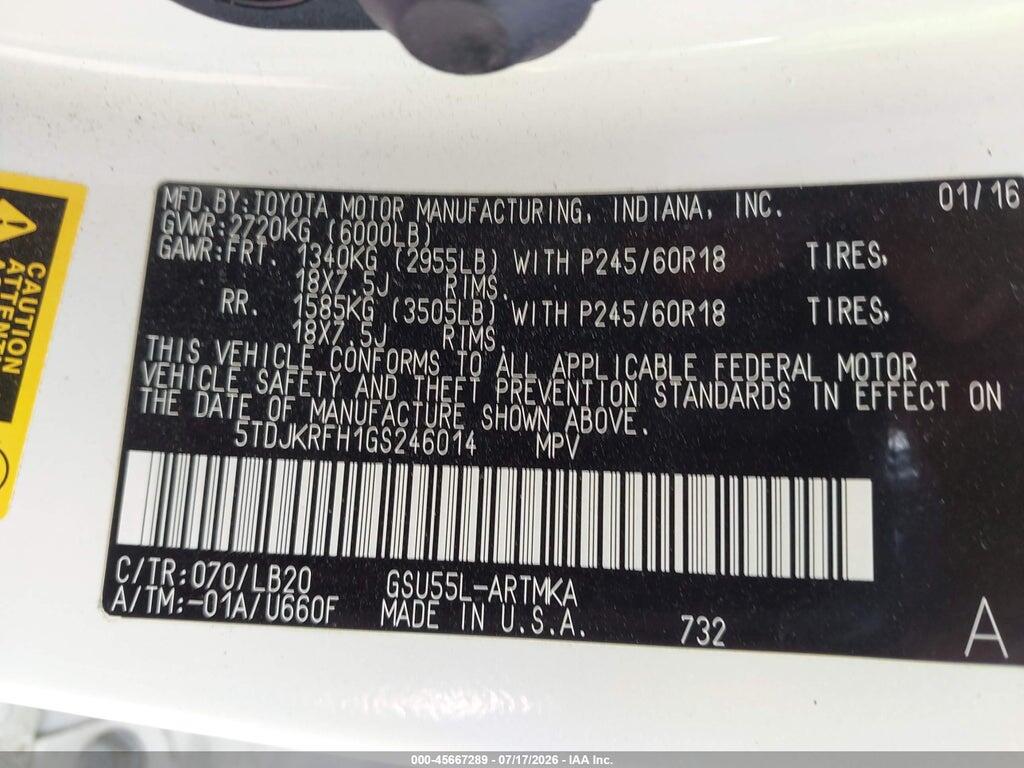 5TDJKRFH1GS246014 2016 TOYOTA HIGHLANDER photo no. 9