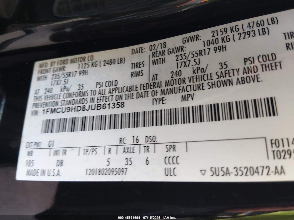 1FMCU9HD8JUB61358 2018 FORD ESCAPE photo no. 9