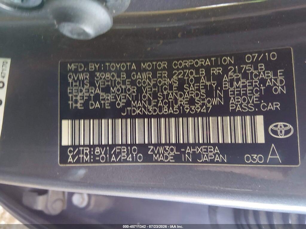 JTDKN3DU8A5193947 2010 TOYOTA PRIUS photo no. 9