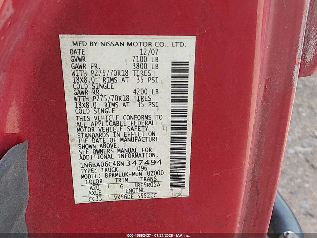 1N6BA06C48N347494 2008 NISSAN TITAN photo no. 9
