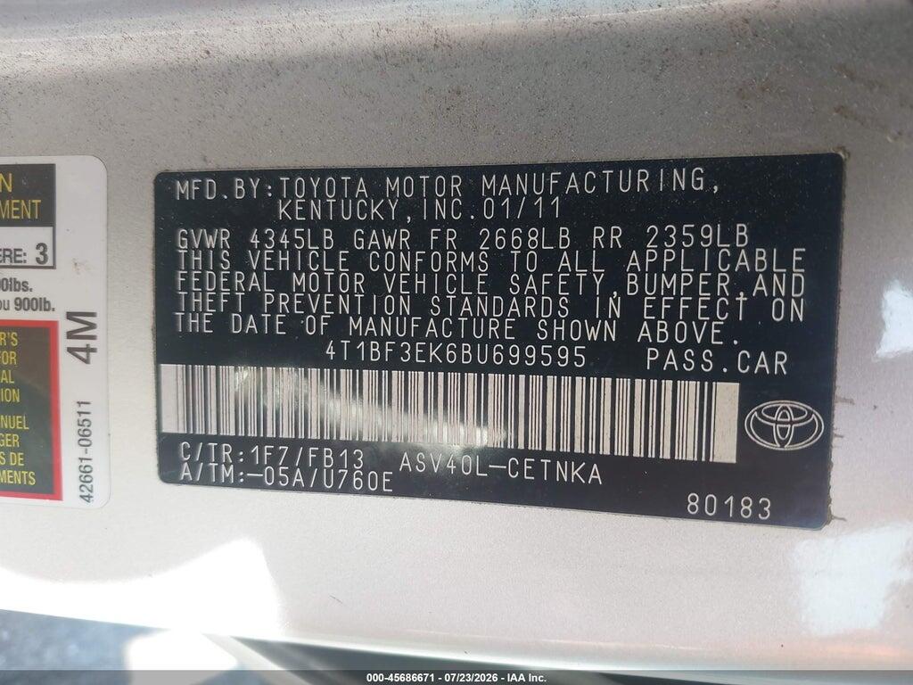 4T1BF3EK6BU699595 2011 TOYOTA CAMRY photo no. 9