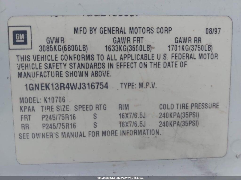 1GNEK13R4WJ316754 1998 CHEVROLET TAHOE photo no. 9