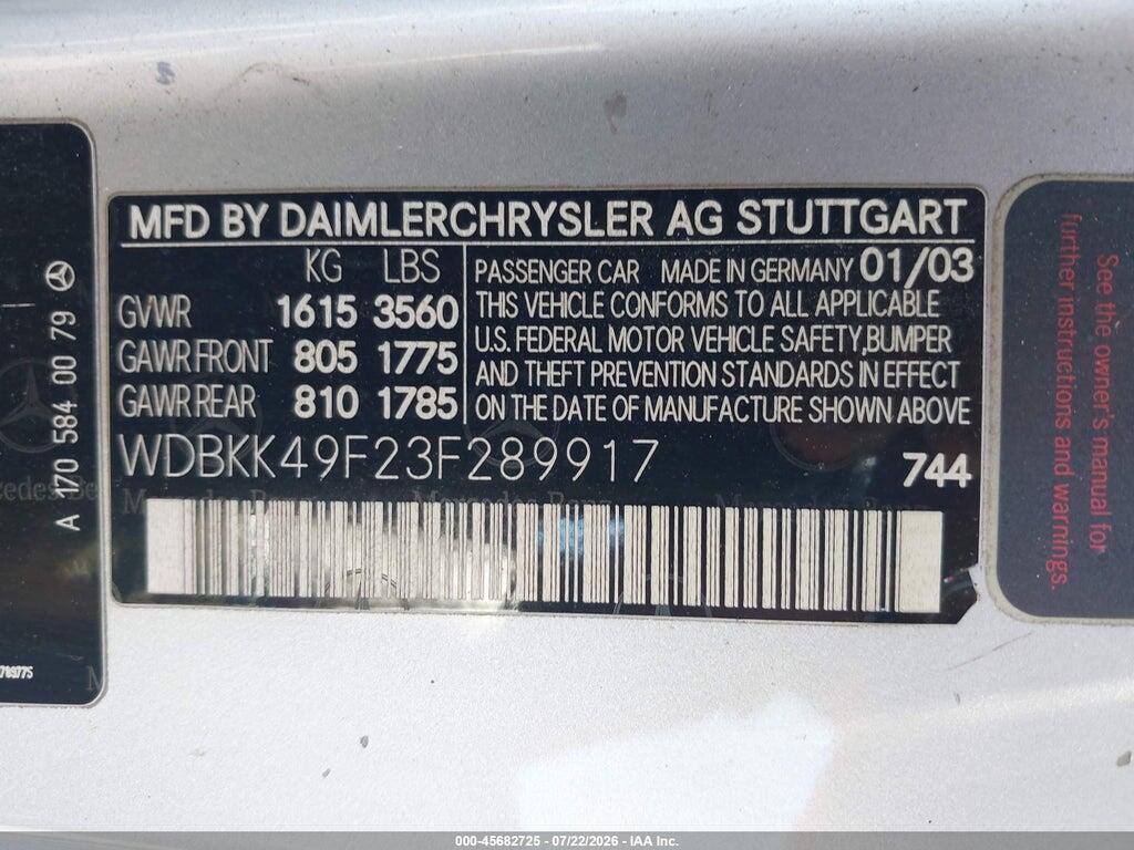 WDBKK49F23F289917 2003 MERCEDES-BENZ SLK 230 photo no. 9