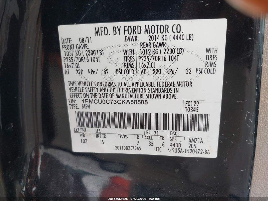 1FMCU0C73CKA58585 2012 FORD ESCAPE photo no. 9