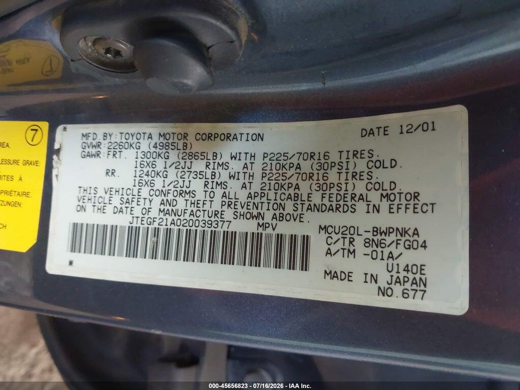 JTEGF21A020039377 2002 TOYOTA HIGHLANDER photo no. 9