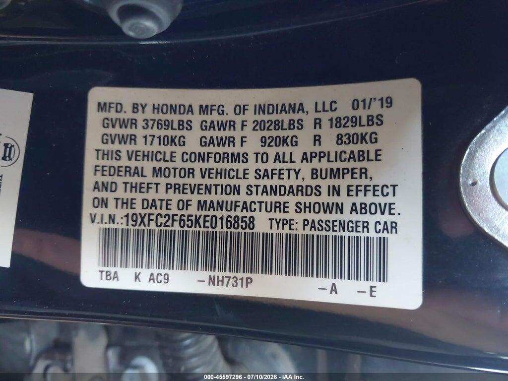 19XFC2F65KE016858 2019 HONDA CIVIC photo no. 9