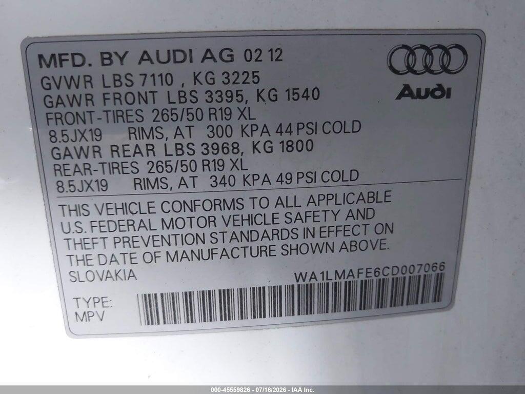 WA1LMAFE6CD007066 2012 AUDI Q7 photo no. 9